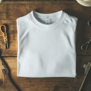 Ein schlichtes weißes, gefaltetes T-Shirt auf einer hölzernen Unterlage, umgeben von Schere, Faden und Nähwerkzeug.