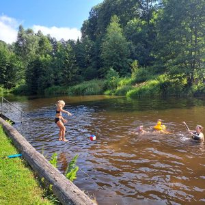 Sonnenbaden im Kamptal: Menschen schwimmen und springen im Fluss, mit einem gelben Gummienten.