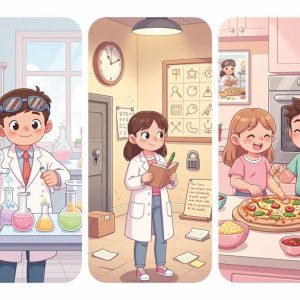 Drei Szenen: ein Junge im Laborkittel, der Chemikalien mischt, ein Mädchen in einem Klassenzimmer mit Wissenschaftspostern und zwei Kinder, die in einer Küche Pizza backen.