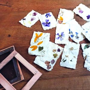 Papierschöpfkurs: Selbst geschöpftes Papier mit eingearbeiteten Blüten und Blättern liegt neben einem Schöpfrahmen aus Holz auf einer Holzoberfläche.