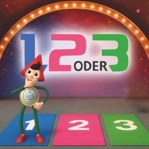 Eine Zeichentrickfigur steht auf einer blauen Matte mit der Aufschrift 1 vor einem bunten Schild mit der Aufschrift 1 2 oder 3, daneben liegen rosa und grüne Matten mit den Aufschriften 2 und 3.