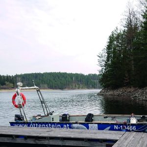 StauseeRanger-Tour-Boot am Seeufer mit Rettungsring.