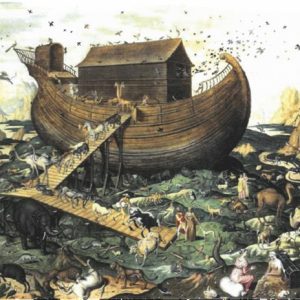 Eine große hölzerne Arche ist umgeben von Tierpaaren auf Rampen und auf dem Boden, während über ihr Vögel fliegen, eine Szene, die die Arche Noah aus der biblischen Geschichte darstellt.